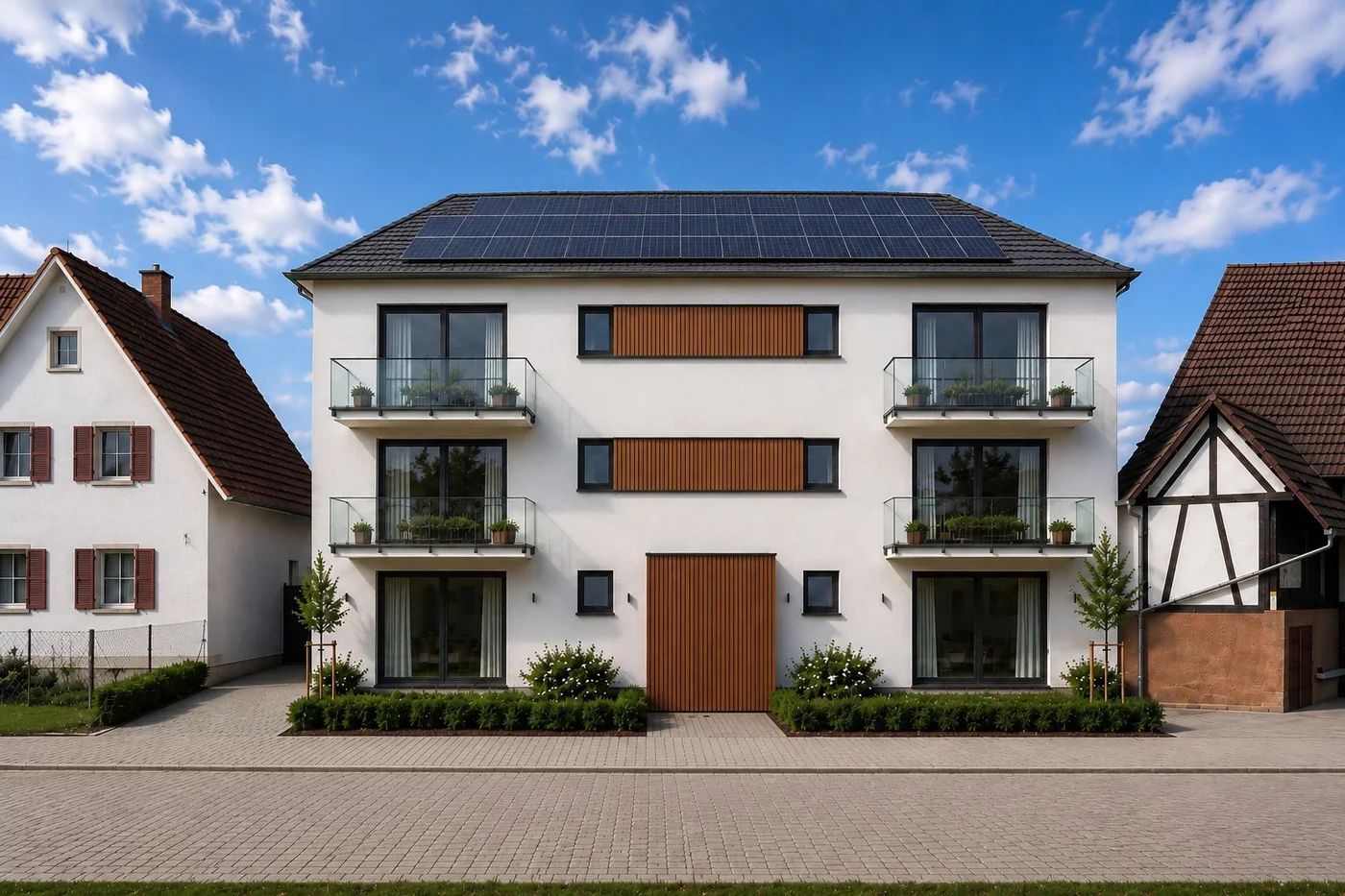 Render eines modernen Wohnhauses in Holzbauweise mit Balkonen und Photovoltaik