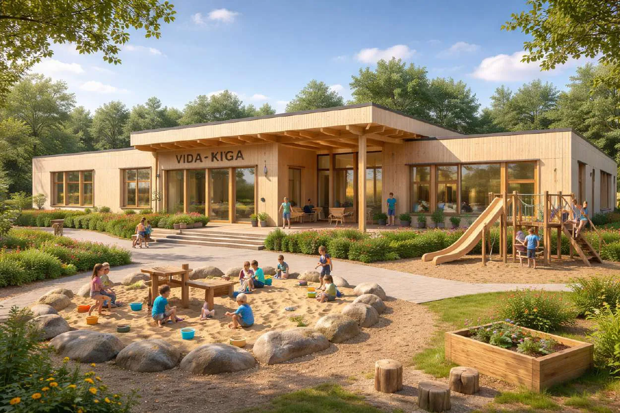 VIDA-KIGA: Garten mit Sandkiste, Hochbeeten und Kindern beim Spielen