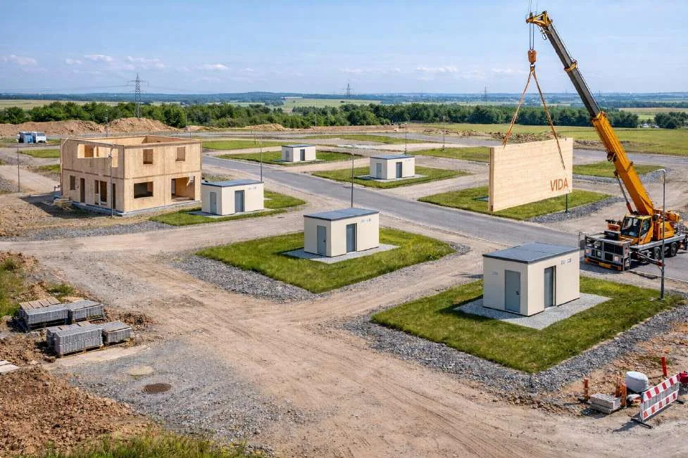 Baugebiet mit mehreren VIDA-POWER-STATION Einheiten während der Montage per Kran