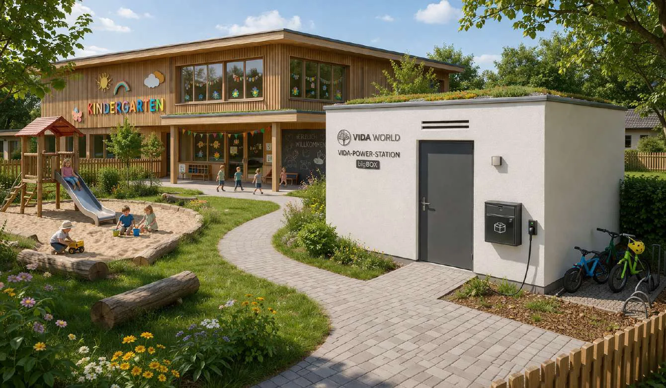 VIDA-POWER-STATION „bigBOX“ neben einem Kindergarten